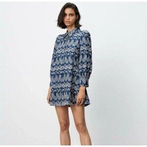 Zara Paisley Blue Eyelet Tunic Long Sleeve Shirt Dress Womens Small Mini